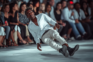 Naklejka premium A male model appears to lose his balance while walking down the runway at a fashion event. The audience watches attentively, captivated by the unexpected moment and stylish designs