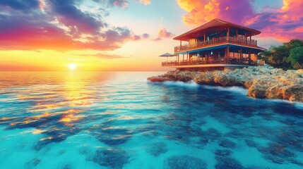 A dramatic cliffside overlooking a vibrant ocean, with waves crashing against the rocky shoreline. The sunset sky is filled with intense orange and purple hues.