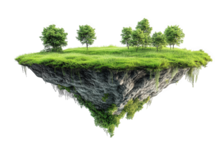 a surreal floating island featuring lush greenery and several trees atop a rocky base. set against a white background this imaginative concept evokes themes of nature. tranquility. and fantasy. inviti
