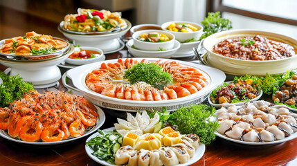 A variety of delicious food dishes arranged on a dining table