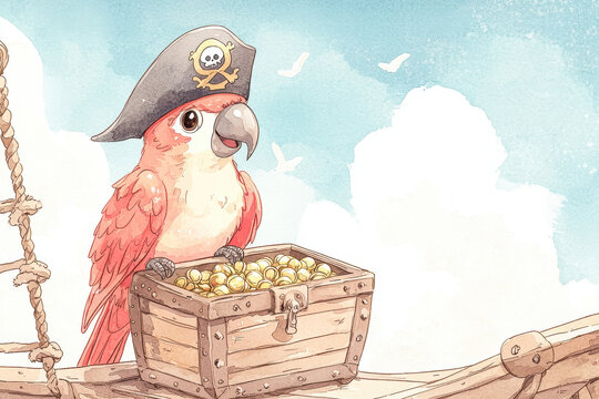 Watercolor illustration pirate captain Themed, cheerful parrot wearing pirate hat sits on treasure chest filled with gold