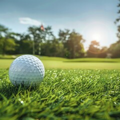 Obraz premium White golf ball on green grass with sunlight. Suitable for articles about sports, outdoor recreation and active lifestyle.