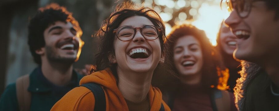 A heartwarming scene of a group of friends laughing together, their faces filled with joy and camaraderie.