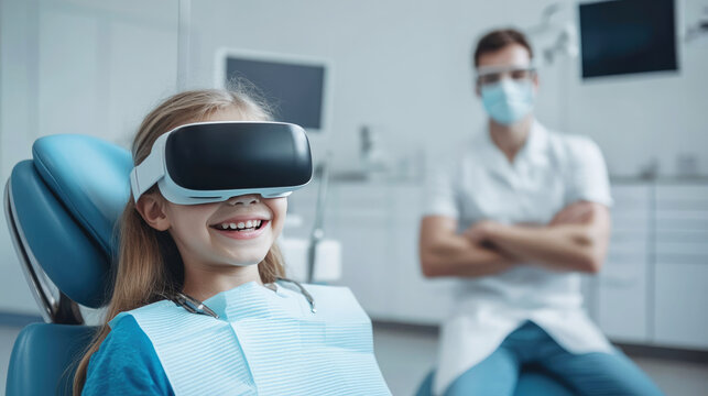 Girl child in virtual reality glasses smiles, sitting in a dentist's chair, a dentist is standing next to her. Technologies make a visit to the dentist comfortable - Powered by Adobe
