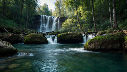 Obraz premium Crystal clear mountain lake surrounded by mountains, waterfall flows into the lake