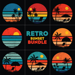 Retro sunset collection with grunge texture in vintage 70s style Retrostriped sun in round shape