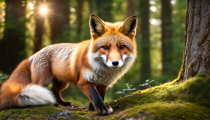 Obraz premium A vibrant red fox stands amidst a sun-dappled forest.