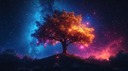Glowing autumn tree, night sky, fantasy, artwork, design