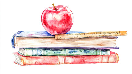 stack of books with apple