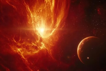 Obraz premium A vibrant cosmic scene with a glowing star and a distant planet against a fiery backdrop.