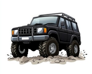 Black Off-Road SUV on Rough Terrain with Large Tires and Rack