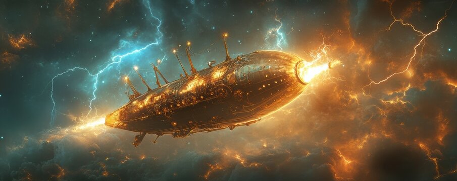 A steampunk airship navigating a cosmic storm, its lightning rods attracting the electrical energy.