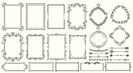 Vintage frames. Elegant retro borders. Old books design elements. Invitational cards decorations. Floral twisted lines. Botanical graphic flourish. Hand drawn arrows. Recent vector set
