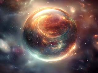 Obraz premium A mystical floating orb enshrouded in swirling radiant particles and glowing accents