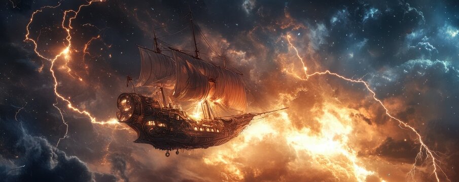 A steampunk airship navigating a cosmic storm, its lightning rods attracting the electrical energy.