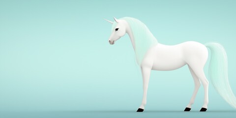 Obraz premium A white unicorn with a green mane stands in front of a blue background. The unicorn is the main focus of the image, and its white color and green mane create a sense of purity and innocence