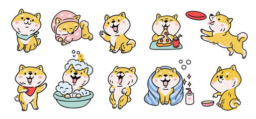 Shiba Inu dog. Cartoon funny pet. Kawaii kawaii characters. Red haired purebred mammal playing. Japanese canine breed. Akita ken cute puppy. Happy animals activities. Garish vector set