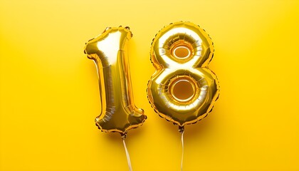 The image shows two gold foil balloons in the shape of the number 18 against a bright yellow background. It likely celebrates an 18th birthday or anniversary.