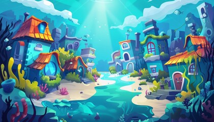A cartoon illustration of an underwater city with colorful houses, a stream of water, and a bright sun shining down from above.