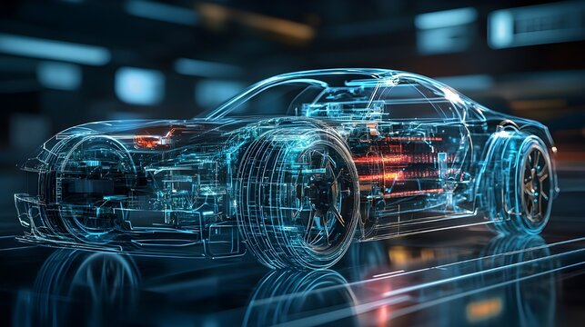 A transparent digital rendering of a car's internal components is shown, highlighting its mechanical structure.
