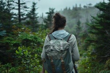 Fototapeta premium Female hiker with backpack walking away on a trail in the woods exploring nature