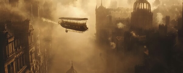 Naklejka premium A steampunk airship soaring through a smog-filled Victorian city.