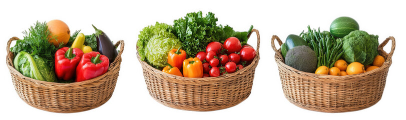 three woven baskets filled with a variety of fresh fruits and vegetables. showcasing vibrant colors and textures the arrangement highlights the diversity of produce. emphasizing healthy eating and nat