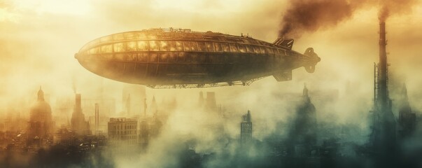 Naklejka premium A steampunk airship soaring through a smog-filled Victorian city, its steam billowing against the backdrop of towering factories and cobblestone streets.