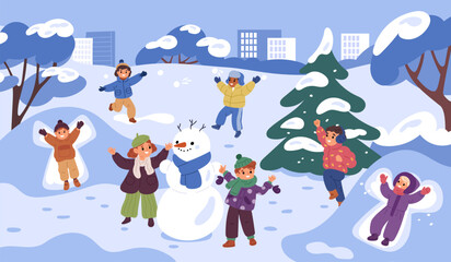 Happy children having fun. Winter city park landscape. Smiling kids playing snowballs. Boys and girls making snowman. Angel in snowdrift. Wintertime snow games. Garish vector concept