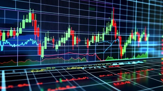 Dynamic stock market chart displaying fluctuating prices with vibrant colors and gridlines