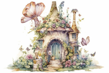 Fototapeta premium fabulous flower house in the garden with butterflies on a white background, in rococo style., watercolor style, Generative AI