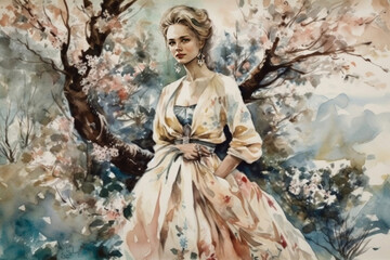 A woman in a light long dress in the spring in a flowering park among the trees, watercolor style, Generative AI