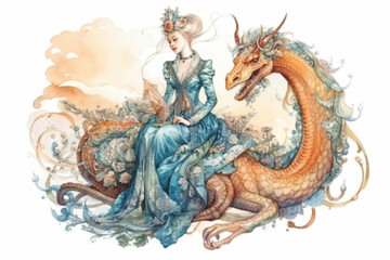Fototapeta premium princess and dragon on white background., watercolor style, Generative AI