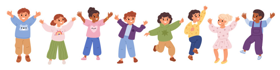 Cute jumping children. Happy kids having fun. Funny boys and girls rejoice. Cartoon primary school students. Excited emotion expressions. Joyful teenager gestures. Garish vector set © VectorBum