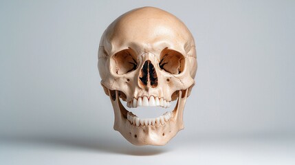 Fototapeta premium Floating human skull, anatomical study, medical illustration, light background, health