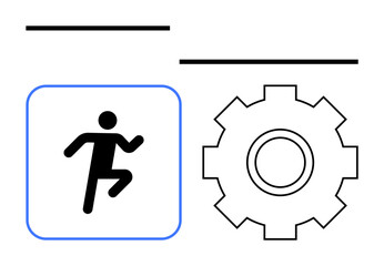 Running figure inside a square next to a gear outline, conveying effort and optimization. Ideal for teamwork, goal setting, productivity, industry, processes, progress, abstract line flat metaphor