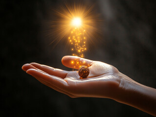 human hand gently holds small glowing seed as divine hand above it emits radiant light. depiction conveys themes of growth nurturance and divine plan.