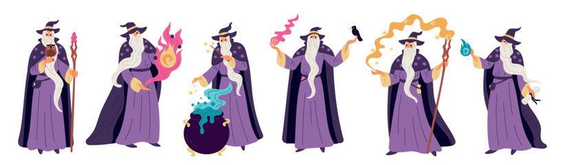 Cartoon magician character. Old wizard with beard and cap. Mystery man in mantle makes potions. Sorcerer doing magic. Warlock casts spells with wand. Merlin poses. Garish vector set