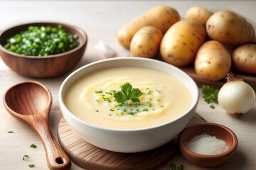 Bowl of creamy potato soup on wooden plate