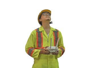 Engineer or  worker piloting drone at ontainer cargo ship at shipping port. video surveillance or industrial inspection