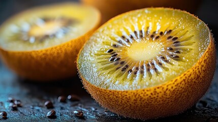 Golden kiwi halves, sliced, close-up, dark background, healthy food