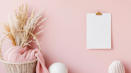 Pink Aesthetic Home Decor: Blank Paper Mockup with Pampas Grass and Knitted Blanket