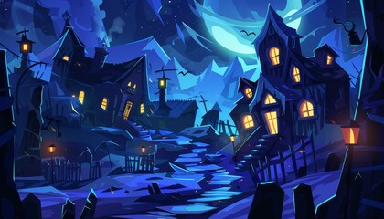 A spooky, cartoon village with a full moon and glowing lanterns, silhouetted against the night sky.