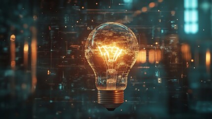 Digital tech lightbulb symbolizing innovation and futuristic ideas. 