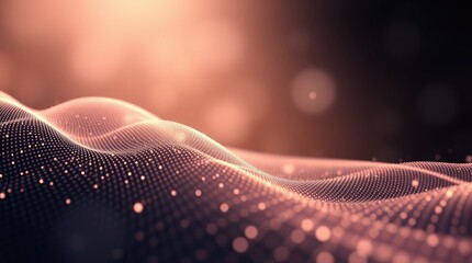 Abstract waves, flowing particles, rose gold, digital network, futuristic, ethereal, glowing dots, interconnected mesh, dynamic motion, technological concept, floating particles, cosmic, sleek design,