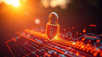 Glowing golden padlock, digital circuit board, cybersecurity concept, orange sunset background, lens flare, macro photography, data protection, encryption, technological landscape, futuristic, 3D