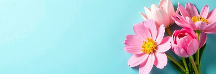 Fototapeta premium Bouquet of beautiful spring flowers on pastel blue table top view. Greeting card for International Women Day. Flat lay