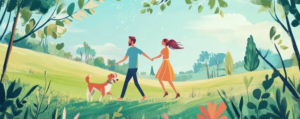 Obraz premium Cheerful couple playing with their dog in a green field, joyful moment.