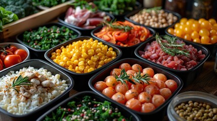 Fototapeta premium Variety of Healthy Food in Plastic Boxes on Wooden Table, Selective Focus