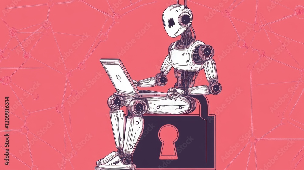 Poster elegant line drawing of a robot hacker interacting with a laptop atop a large open padlock, symboliz